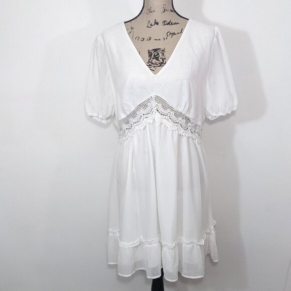 NEW CUPSHE Royalty Bubble Sleeve Lace Trims Mini Dress Short White XL - Picture 2 of 12